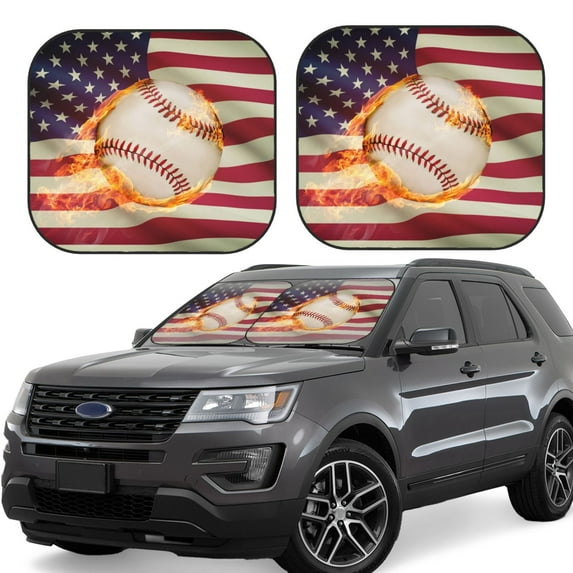 Cauagu Baseball Ball With Flag Cauagu {designName} Print Foldable Car Windshield Sun Shade | Front Windshield Shade for Sun | Fits Small Sedans, Mini SUVs, Hatchbacks-Large