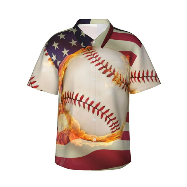 Cauagu Baseball Ball With Flag Print Hawaiian Shirt for Men,Casual