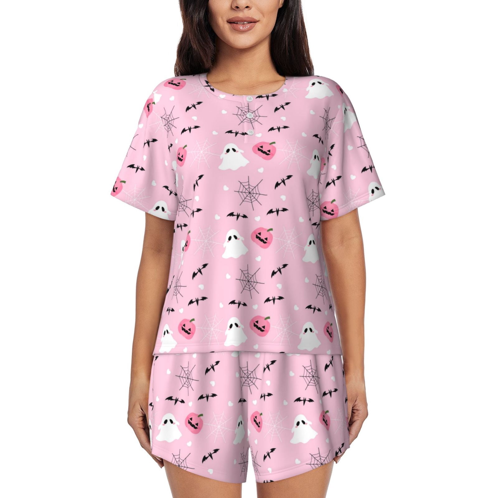 Cauagu Bat And Pumpkin for Women's Round Neck Pajama Set,Short-Sleeved ...