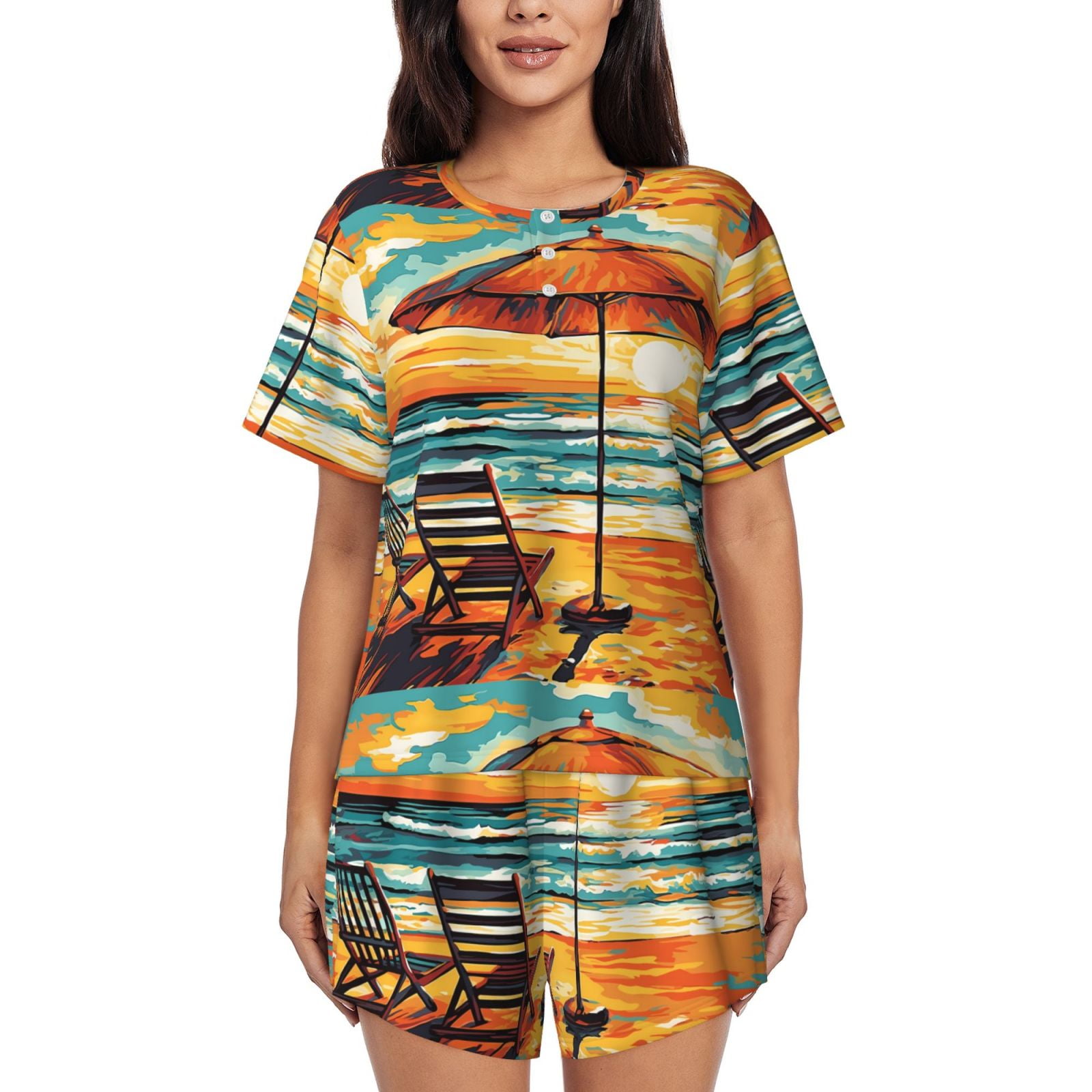 Cauagu Beach Umbrella Sunset for Women's Round Neck Pajama Set,Short(02)