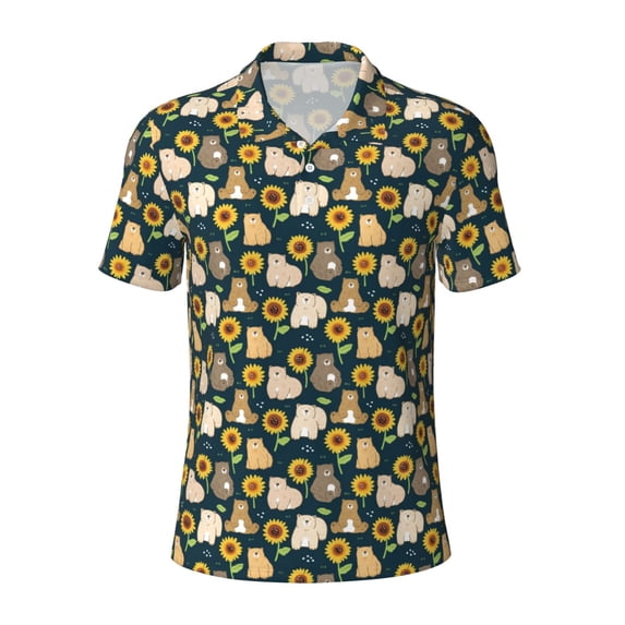 Cauagu Bear Sunflower Print Men's Polo Shirts, Short-Sleeve Polo Shirts for Men Performance Golf Shirt Athletic Casual Collared T-Shirt-Medium