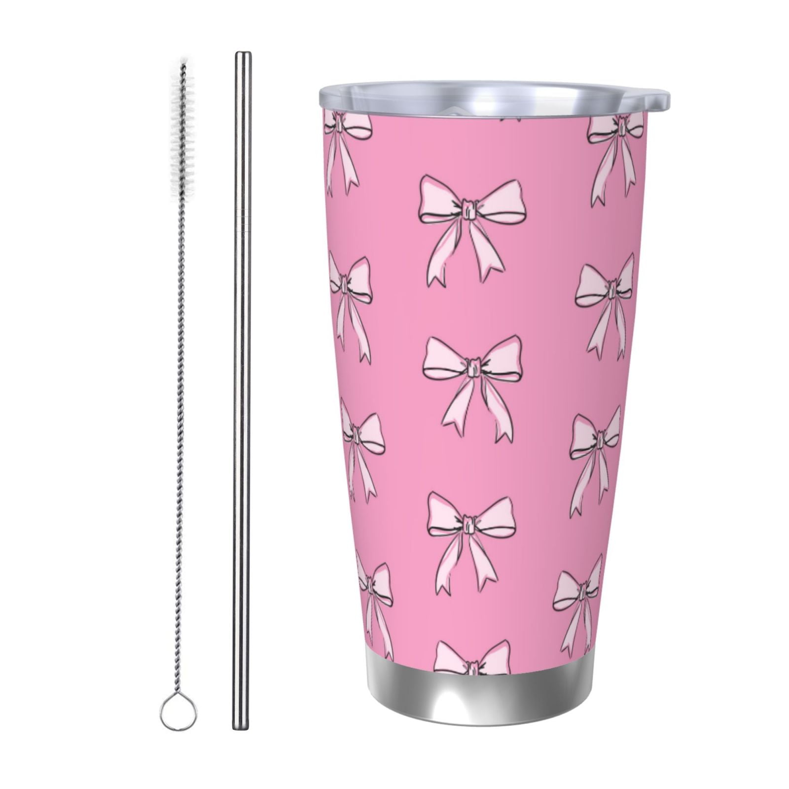 Pink Bow Water Bottle 32oz - Vacuum Insulated Stainless Steel Tumbler With Straw, Leak-Proof Lid