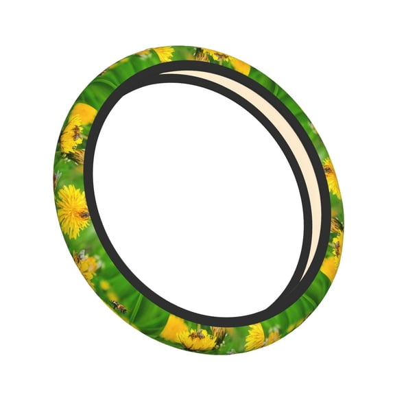 Cauagu Bees Pollinates A Yellow Dandelion Print Car Steering Wheel Cover - Universal Car Accessory for Diverse Cars for Steering Wheel with a Diameter of 14.5"-15"