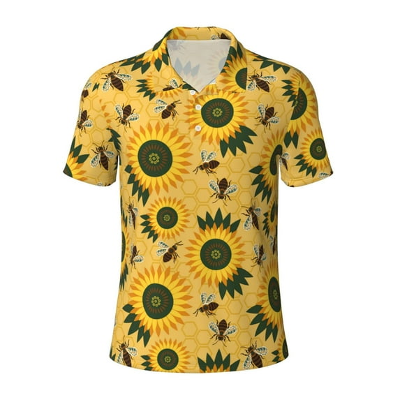 Cauagu Bees and Sunflowers Print Men's Polo Shirts, Short-Sleeve Polo Shirts for Men Performance Golf Shirt Athletic Casual Collared T-Shirt-Large