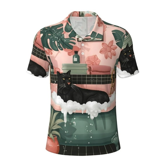 Cauagu Black Cat Pink Bathroom Print Men's Polo Shirts, Short-Sleeve Polo Shirts for Men Performance Golf Shirt Athletic Casual Collared T-Shirt-XX-Large