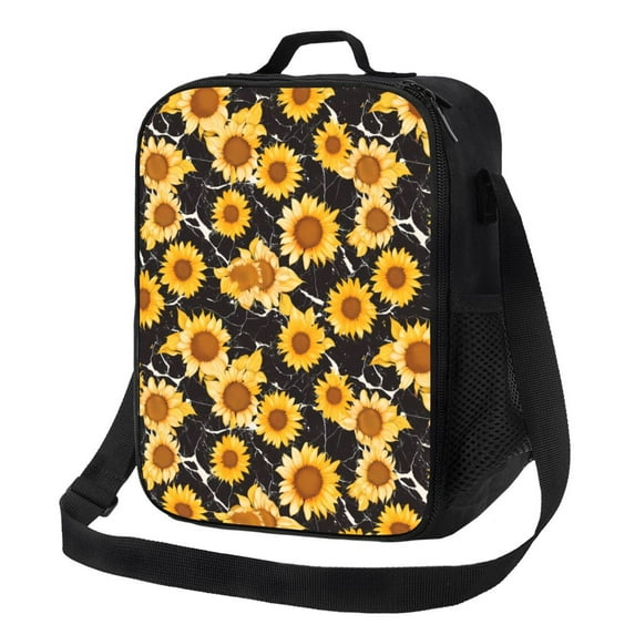 Cauagu Black Marble Pattern Sunflower Insulated Lunch Bag - Reusable Lunch Box Thickened Thermal Leakproof Lunch Tote Bag for Adult Office/Travel Picnic