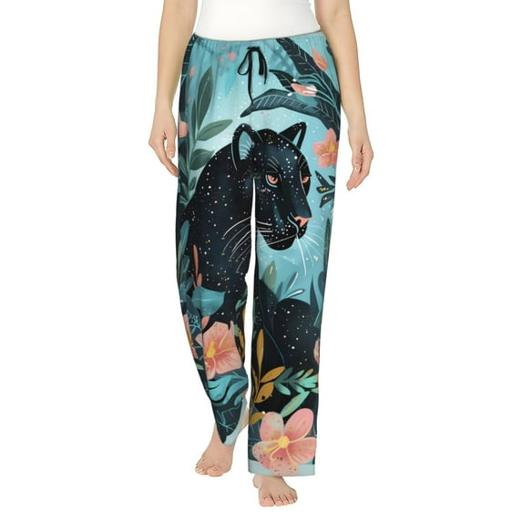Cauagu Black Panther Floral Illustration Pajama Pants for Women Loose Fit Wide Leg Trouser Pants Casual Elastic Waist Drawstring Lounge Pants