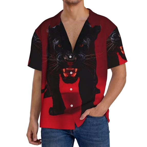 Cauagu Black Panther Red Background Men's Short Sleeve Button Down Hawaiian Shirt for Men Bowling Shirts Casual Summer Beach Shirt,Medium