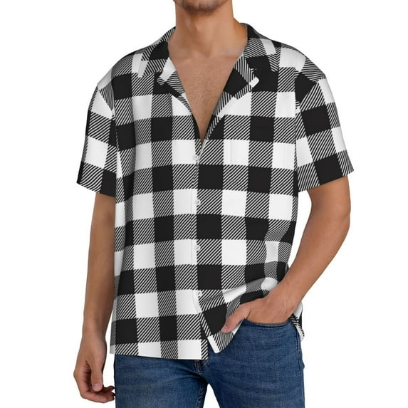 Cauagu Black White Plaid Men's Short Sleeve Button Down Hawaiian Shirt for Men Bowling Shirts Casual Summer Beach Shirt,4X-Large