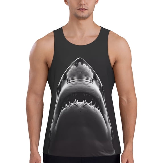 Cauagu Black And White Shark Print Men's Sleeveless Muscle Shirts,Tank Tops Quick Dry Workout Tank Top Gym Muscle Tee Fitness Bodybuilding T Shirt for Men-Small