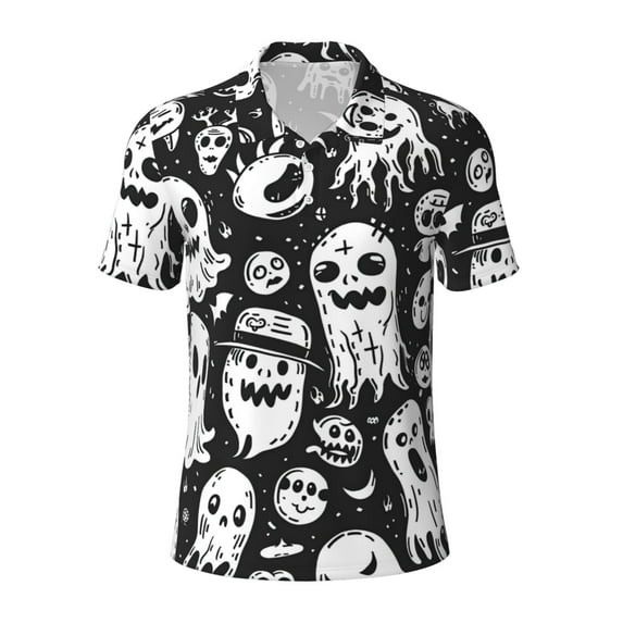 Cauagu Black White Spooky Ghosts Print Men's Polo Shirts, Short-Sleeve Polo Shirts for Men Performance Golf Shirt Athletic Casual Collared T-Shirt-Medium