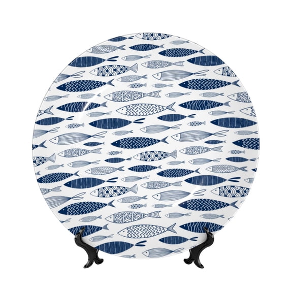 Cauagu Blue Fish Print Bone China Decorative Plate, Wall Mount Plate Holiday Decor Decorative Ceramic Plates with Stand Elegant Household Plates Decorative-10in