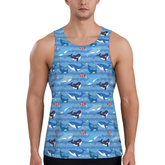 Cauagu Blue Fish Print Men's Sleeveless Muscle Shirts,Tank Tops Quick Dry Workout Tank Top Gym Muscle Tee Fitness Bodybuilding T Shirt for Men-X-Large