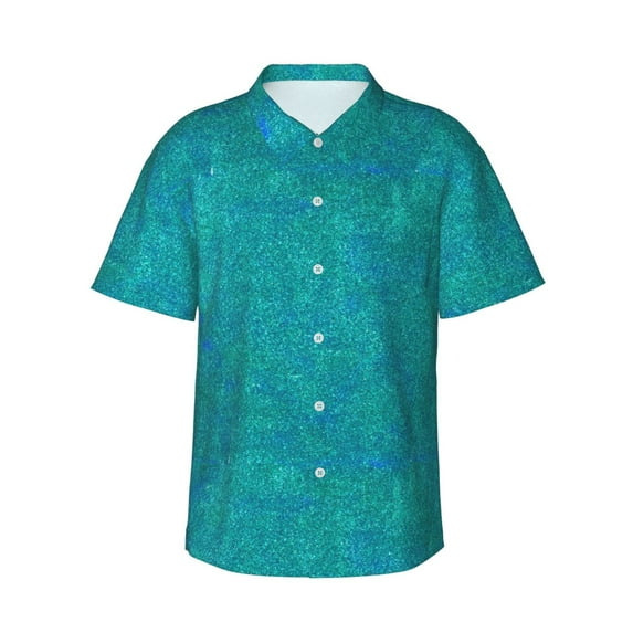 Cauagu Blue Green Glitter Print Hawaiian Shirt for Men,Casual Short Sleeve Button Down Shirts Summer Beach Men's Regular-Fit Short-Sleeve Print Shirt -Small