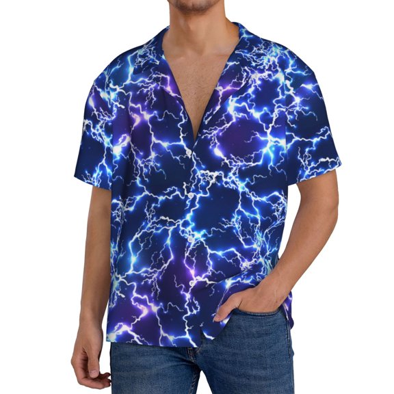 Cauagu Blue Lightning1 Men's Short Sleeve Button Down Hawaiian Shirt for Men Bowling Shirts Casual Summer Beach Shirt,XX-Large