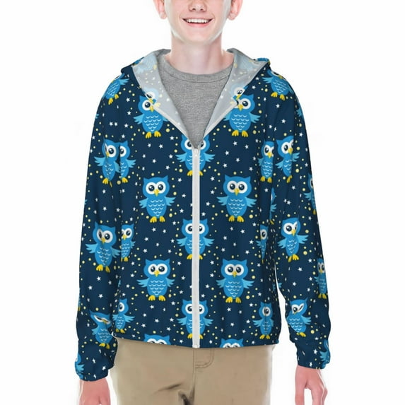 Cauagu Blue Owl Print Sun Protection Jacket for Teen,Full-Zipper Long Sleeve Sun Shirts with Pockets UV Hoodie Shirts Outdoor Athletic Jacket-Medium