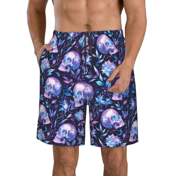 Cauagu Blue Skull Crystal Print Men's Swim Trunks,Hawaiian Bathing Suit Swimsuits Beach Shorts with Pockets for Men Quick Dry Swimming Board Shorts-X-Large