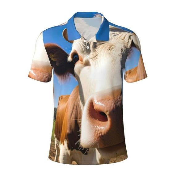 Cauagu Blue Sky Meadow Cute Cow Print Men's Polo Shirts, Short-Sleeve Polo Shirts for Men Performance Golf Shirt Athletic Casual Collared T-Shirt-3X-Large