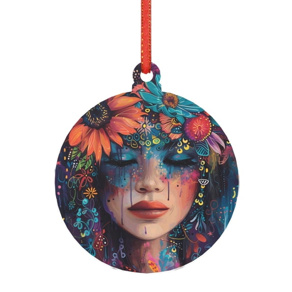 Cauagu Bohemian Colorful Flower Woman Pattern Acrylic Christmas Pendant,1-Pack Christmas Ornaments Xmas Tree Decor Christmas Décor with Ribbon Cute Tree Hanging for Party Favors-Round Shape