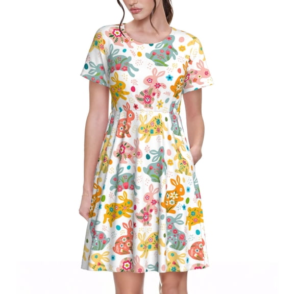 Cauagu Boho Bunny Print Summer Dresses for Women 2025 Loose Short Sleeve Casual Sundresses with Pockets