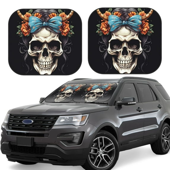 Cauagu Bow Flower Skull Cauagu {designName} Print Foldable Car Windshield Sun Shade | Front Windshield Shade for Sun | Fits Small Sedans, Mini SUVs, Hatchbacks-Small
