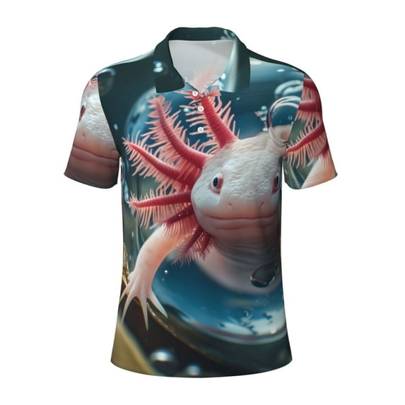 Cauagu Bubbles Axolotl Fantasy Print Men's Polo Shirts, Short-Sleeve Polo Shirts for Men Performance Golf Shirt Athletic Casual Collared T-Shirt-X-Large