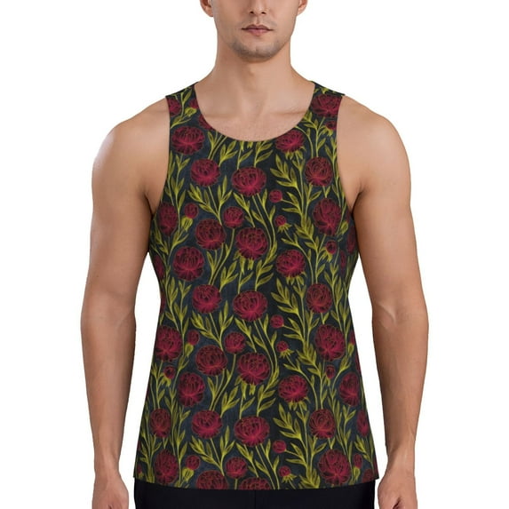 Cauagu Burgundy Peony Flowers Print Men's Sleeveless Muscle Shirts,Tank Tops Quick Dry Workout Tank Top Gym Muscle Tee Fitness Bodybuilding T Shirt for Men-4X-Large