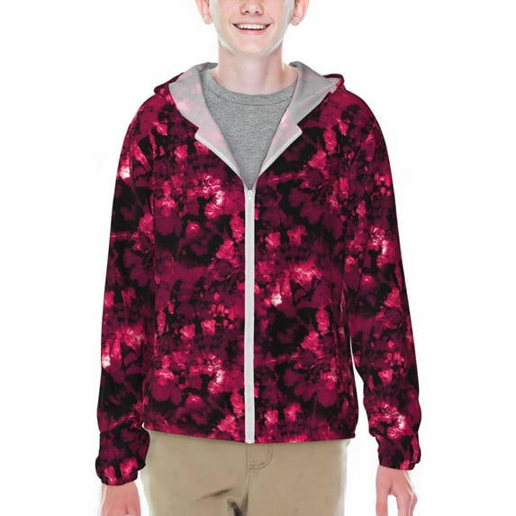 Cauagu Burgundy Tie Dye Print Sun Protection Jacket for Teen,Full-Zipper Long Sleeve Sun Shirts with Pockets UV Hoodie Shirts Outdoor Athletic Jacket-Large