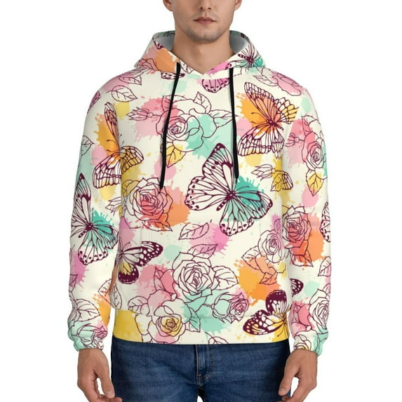 Cauagu Butterflies and Roses for Men's Pullover Hooded Sweatshirt Athletic Casual Hoodie Aautumn Hoodie Sweatshirt for Men Pullover Casual Hooded Sweatshirt-Small