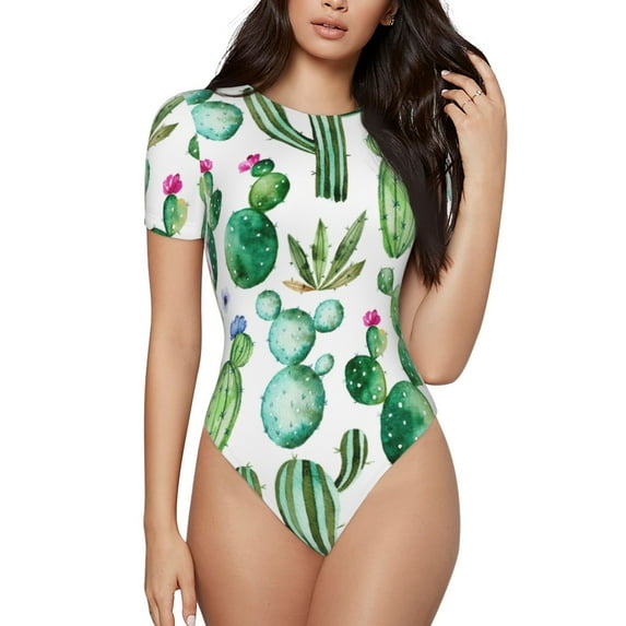 Cauagu Cactus Plants1 Women's Crew Neck Round Short Sleeve T Shirts Tops Bodysuit Daily Jumpsuit-Large