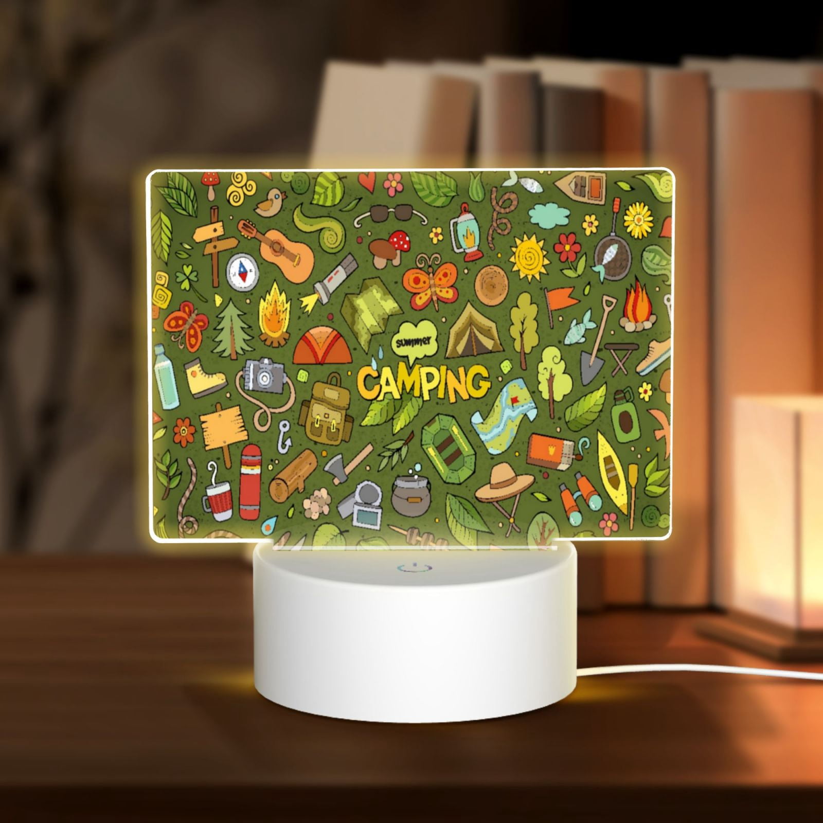 Cauagu Camping 1 for Rectangle Acrylic Night Light - Acrylic Modern Bedside Light with LED Light Lamp Base - Decorative Night Lamp for Restaurant Bar Cafe Shop