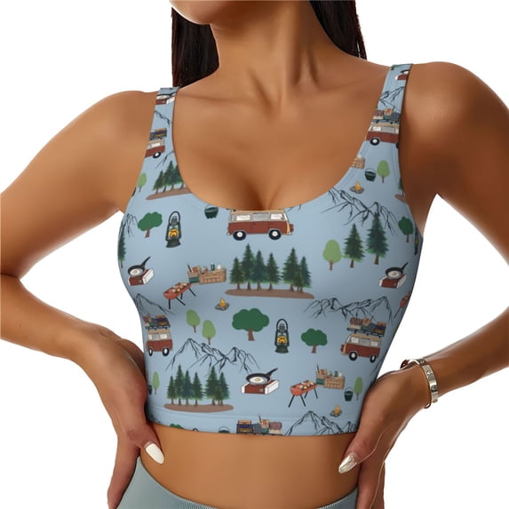Cauagu Camping Caravan Pattern Sports Bras for Women,Round Neck Sports Bra Workout Crop Tank Tops Padded with Built in Shelf-Large
