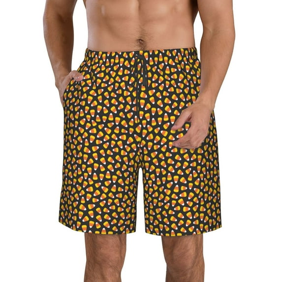 Cauagu Candy Corn Print Men's Swim Trunks,Hawaiian Bathing Suit Swimsuits Beach Shorts with Pockets for Men Quick Dry Swimming Board Shorts-Small
