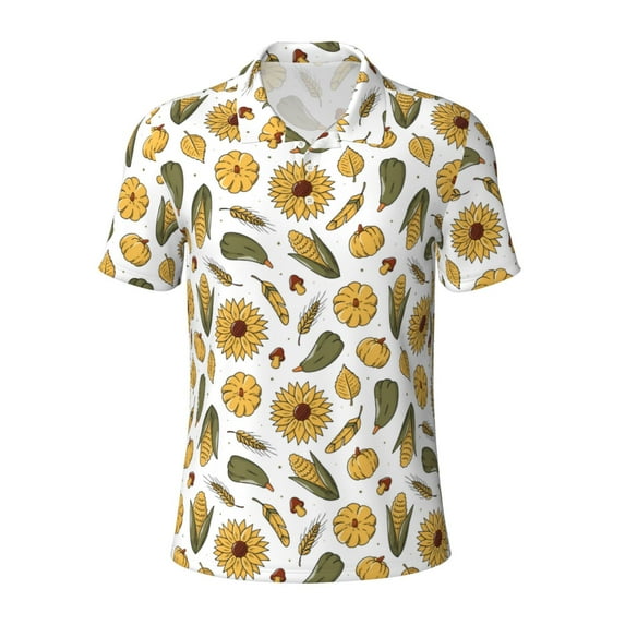 Cauagu Cartoon Corn Pumpkin Sunflower Print Men's Polo Shirts, Short-Sleeve Polo Shirts for Men Performance Golf Shirt Athletic Casual Collared T-Shirt-Large