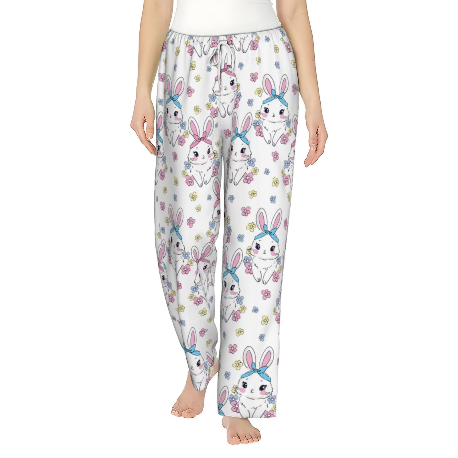 Cauagu Cartoon Cute Rabbit Pajama Pants for Women Loose Fit Wide Leg