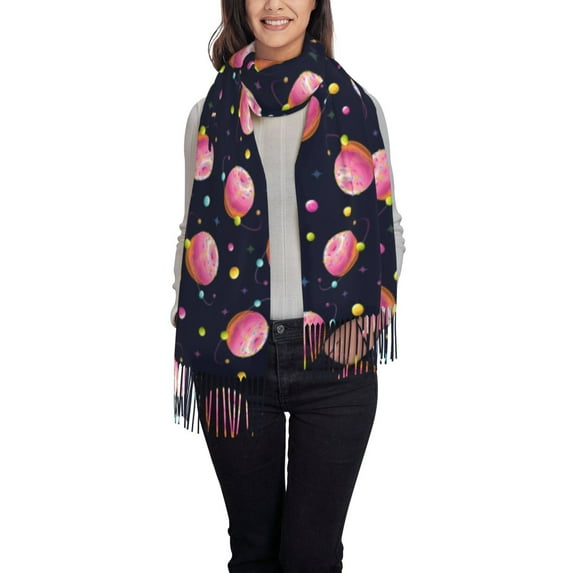 Cauagu Cartoon Donut Planets Print Women Wrap Shawl tassels Scarves Retro Scarf 77.6"X28.3"