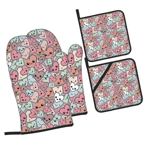 Cauagu Cartoon Hearts Print Oven Mitts and Pot Holders 4 pcs Set,Extra Thicken Long Kitchen Oven Glove Potholders BBQ Gloves-Oven Mitts and Pot Holders(11 Inch)