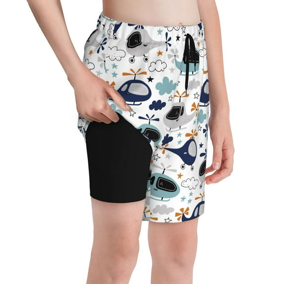 Cauagu Cartoon Helicopters Print Swim Trunks for Men,Youth Boys Swim Shorts Compression Liner Beach Shorts Boys' Swimming Shorts 7-20 Years Bathing Suit-Medium