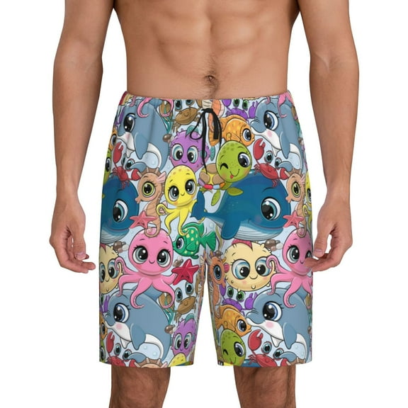 Cauagu Cartoon Marine Animals Print Pajama Bottoms for Men Sleep Pajama Shorts Elastic Waistband Sleep Pajama Short Men's PJ Shorts -XX-Large