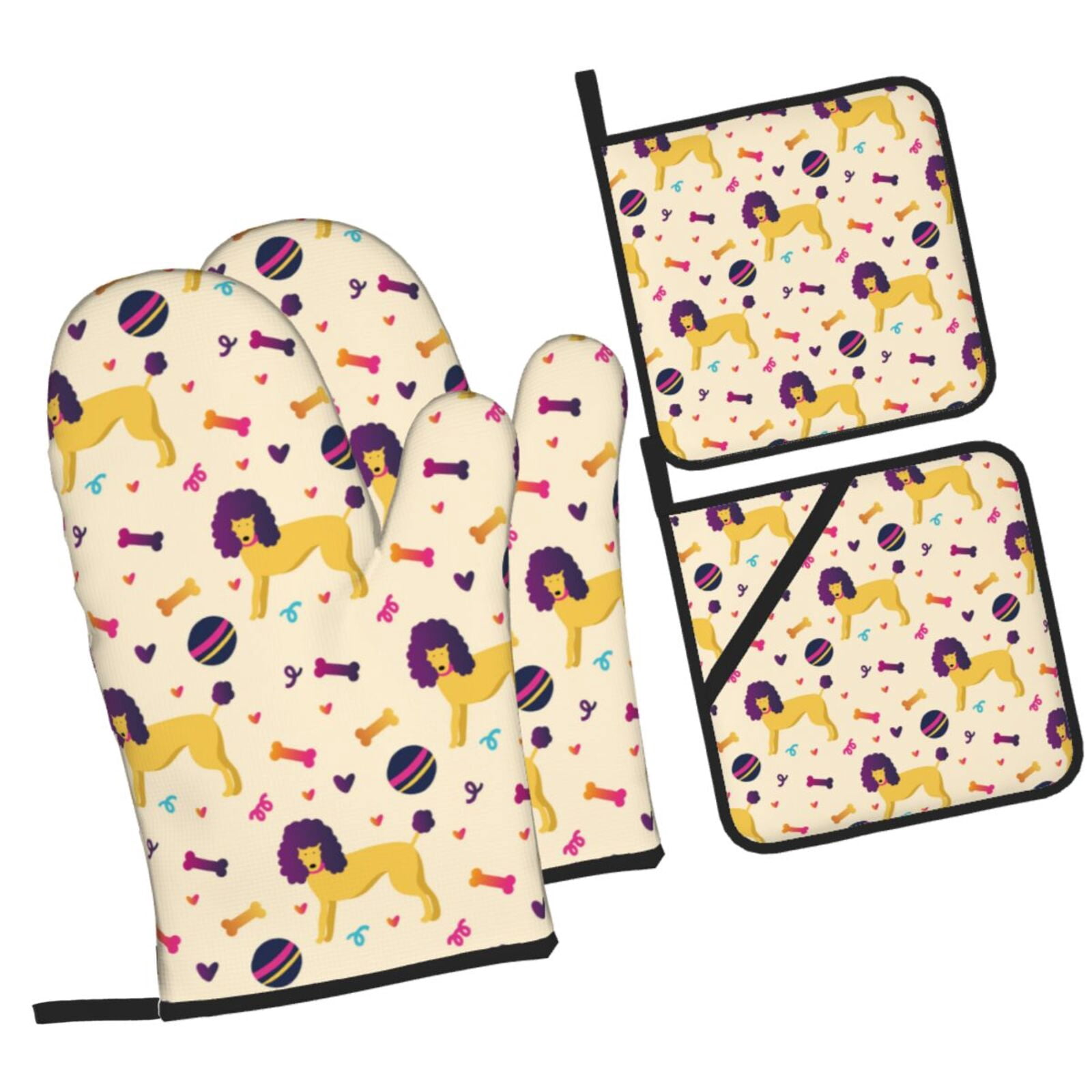 Cute Poodle 4-Piece Oven Mitt & Pot Holder Set – Heat Resistant Up To 482°F, Non-Slip Polyester Kitchen Gloves, Waterproof, Hanging Loops