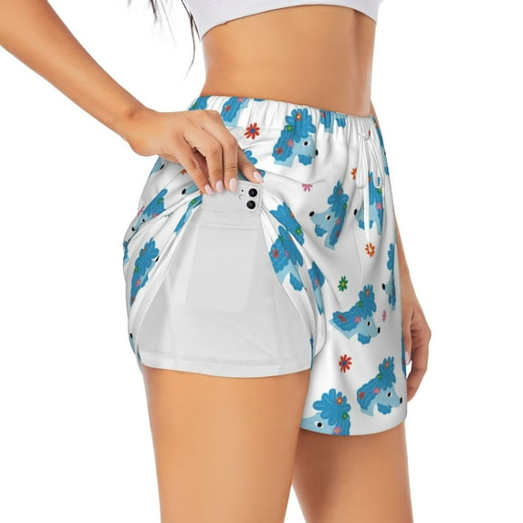 Cauagu Cartoon Poodle Dog Print Women's 2 in 1 Running Shorts Athletic Workout Gym Yoga Shorts Running Shorts for Women-Large