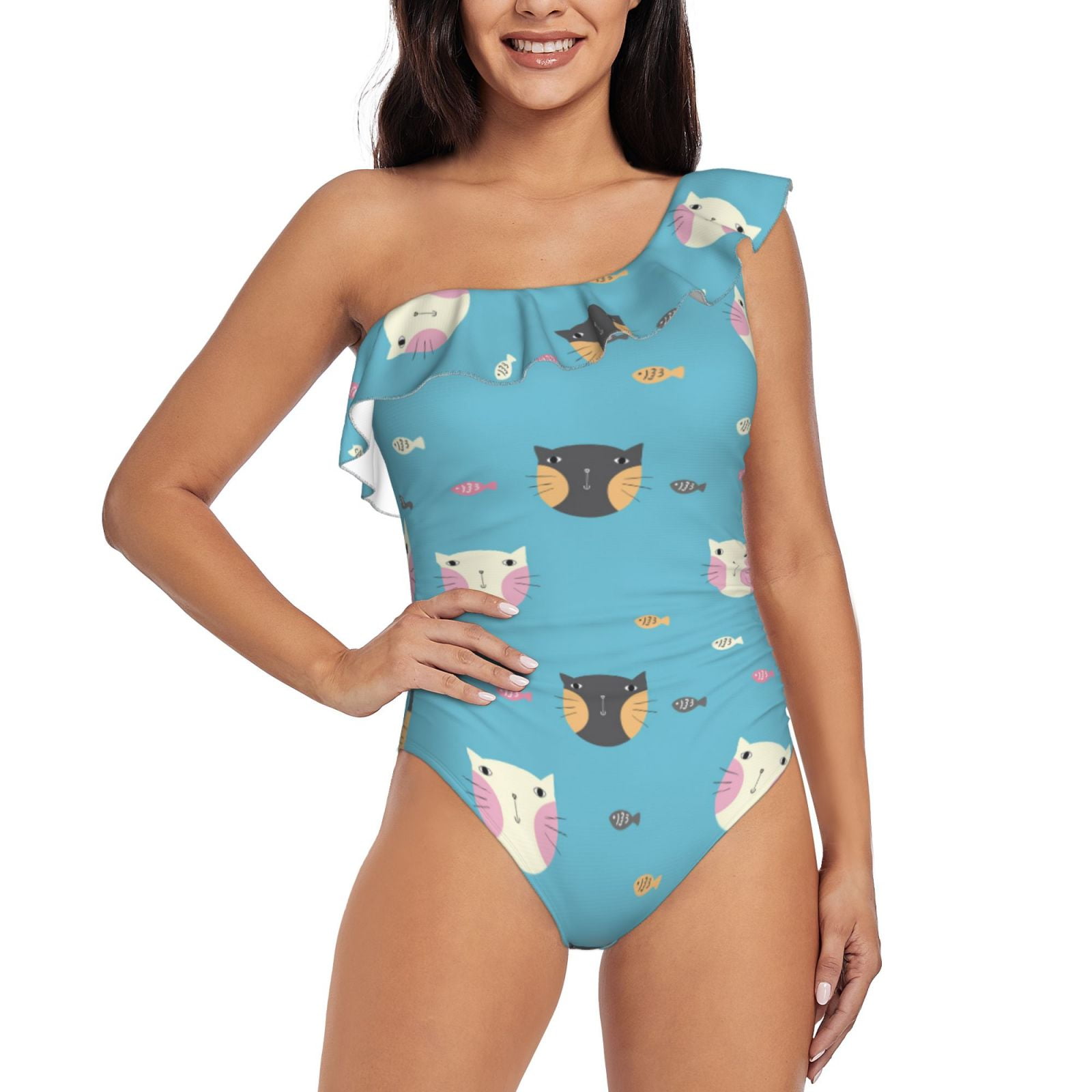 Space Cat Print One Piece Swimsuite