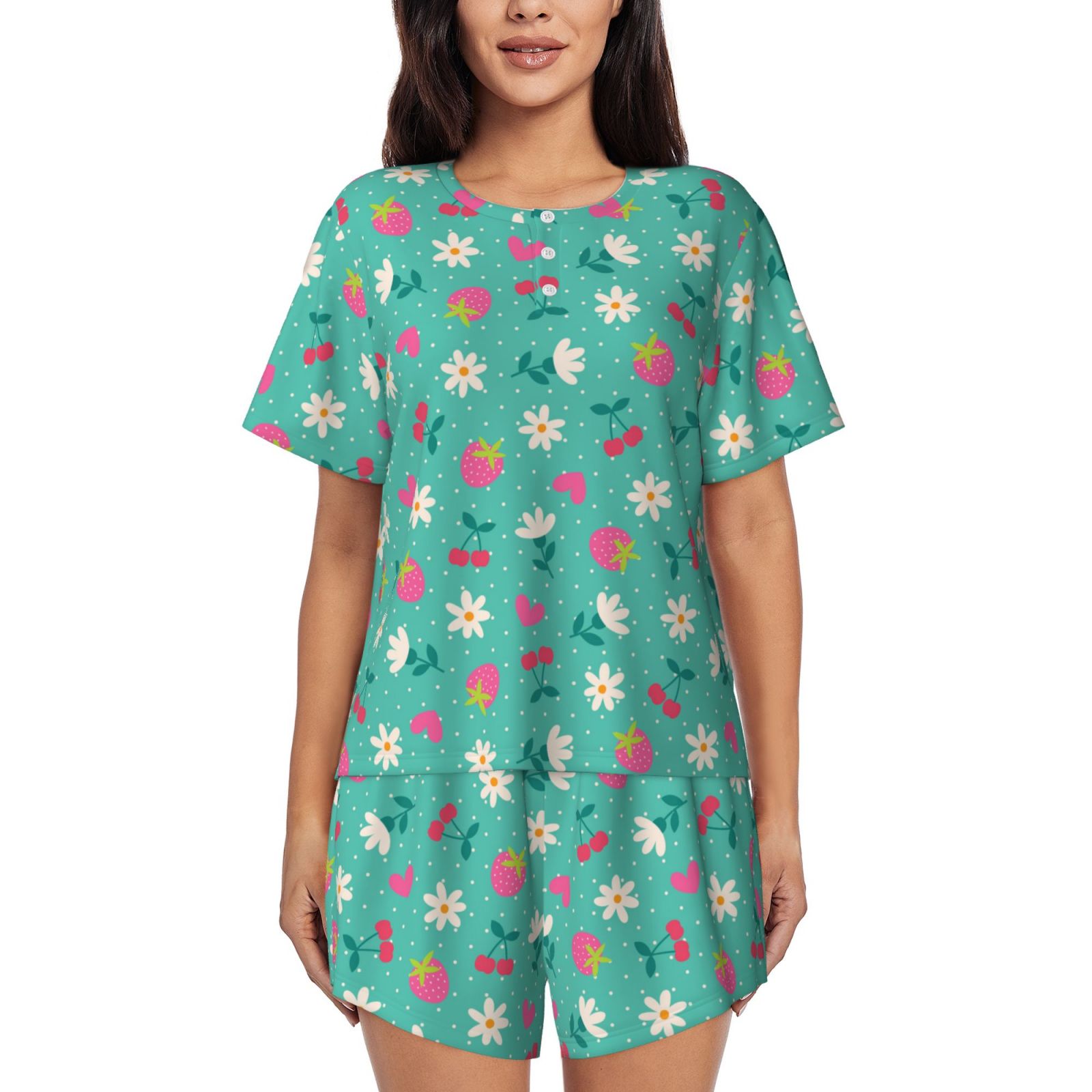 Cauagu Cherry Strawberry Floral for Women's Round Neck Pajama Set,Short ...