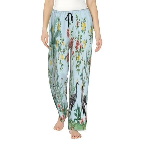 Cauagu Chinoiserie Floral Palm Tree Pajama Pants for Women Loose Fit Wide Leg Trouser Pants Casual Elastic Waist Drawstring Lounge Pants