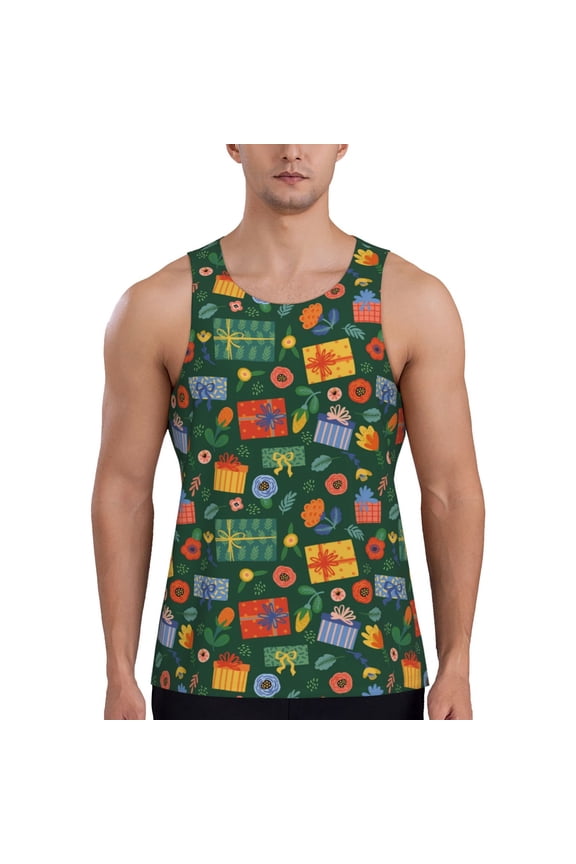 Christmas Gift Print Men's Sleeveless Muscle Shirts,Tank Tops Quick Dry Workout Tank Top Gym Muscle Tee Fitness Bodybuilding T Shirt for Men-Small