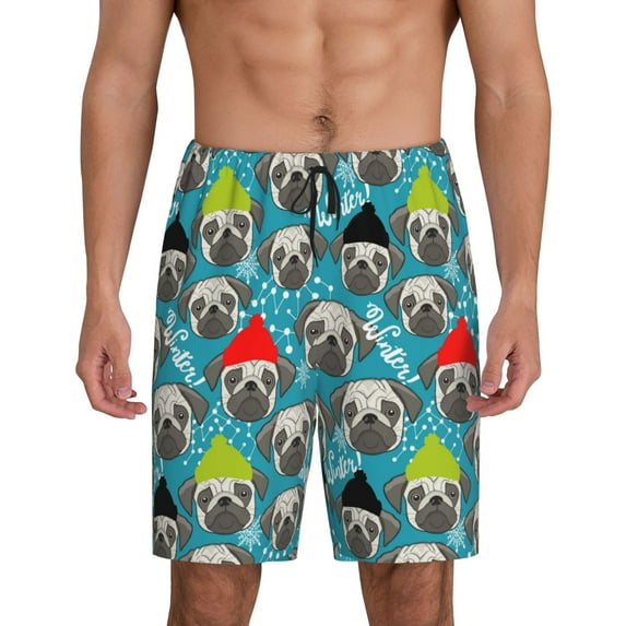 Cauagu Christmas Hat Cute French Bulldog Print Pajama Bottoms for Men Sleep Pajama Shorts Elastic Waistband Sleep Pajama Short Men's PJ Shorts -Medium