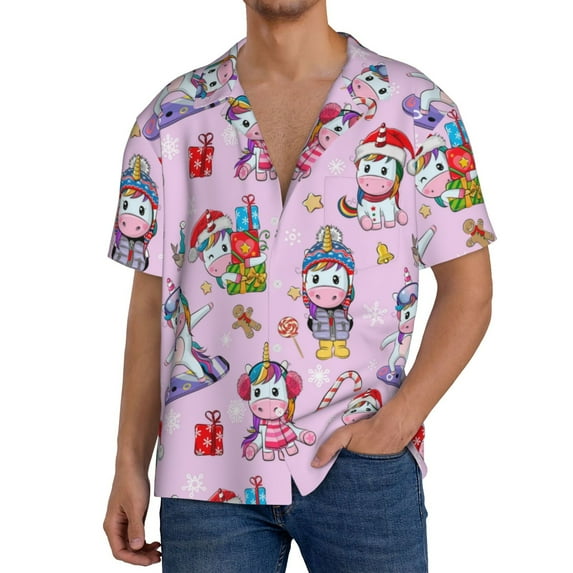 Cauagu Christmas Unicorns Men's Short Sleeve Button Down Hawaiian Shirt for Men Bowling Shirts Casual Summer Beach Shirt,3X-Large