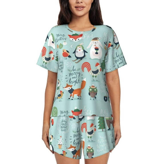 Cauagu Christmas Winter Animals for Women's Round Neck Pajama Set,Short-Sleeved Pajamas Soft Sleepwear Set Summer Pajamas Set Lounge Sets 2-Piece Pj-3X-Large