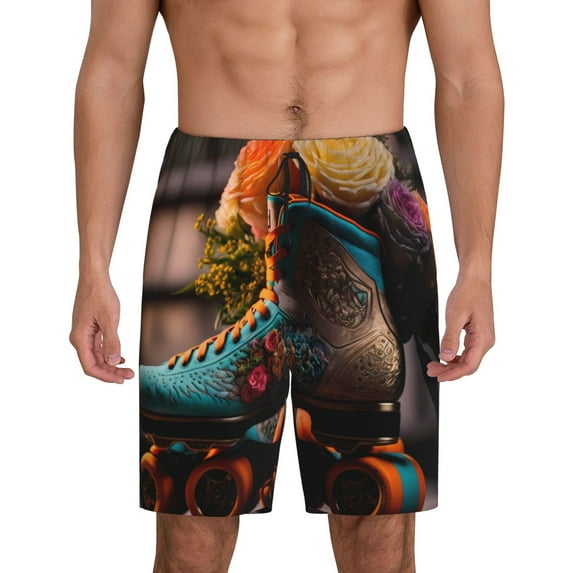 Cauagu Classic Floral Blue Skate Shoes Print Pajama Bottoms for Men Sleep Pajama Shorts Elastic Waistband Sleep Pajama Short Men's PJ Shorts -3X-Large