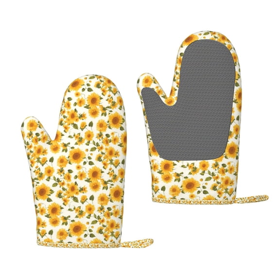 Cauagu Classical Cute Sunflower Print Oven Mitts 2 Piece Set,BBQ Gloves Grilling Gloves Kitchen Silicone Oven Gloves Heat Resistant Oven Mitts for Barbecue Cooking & Baking